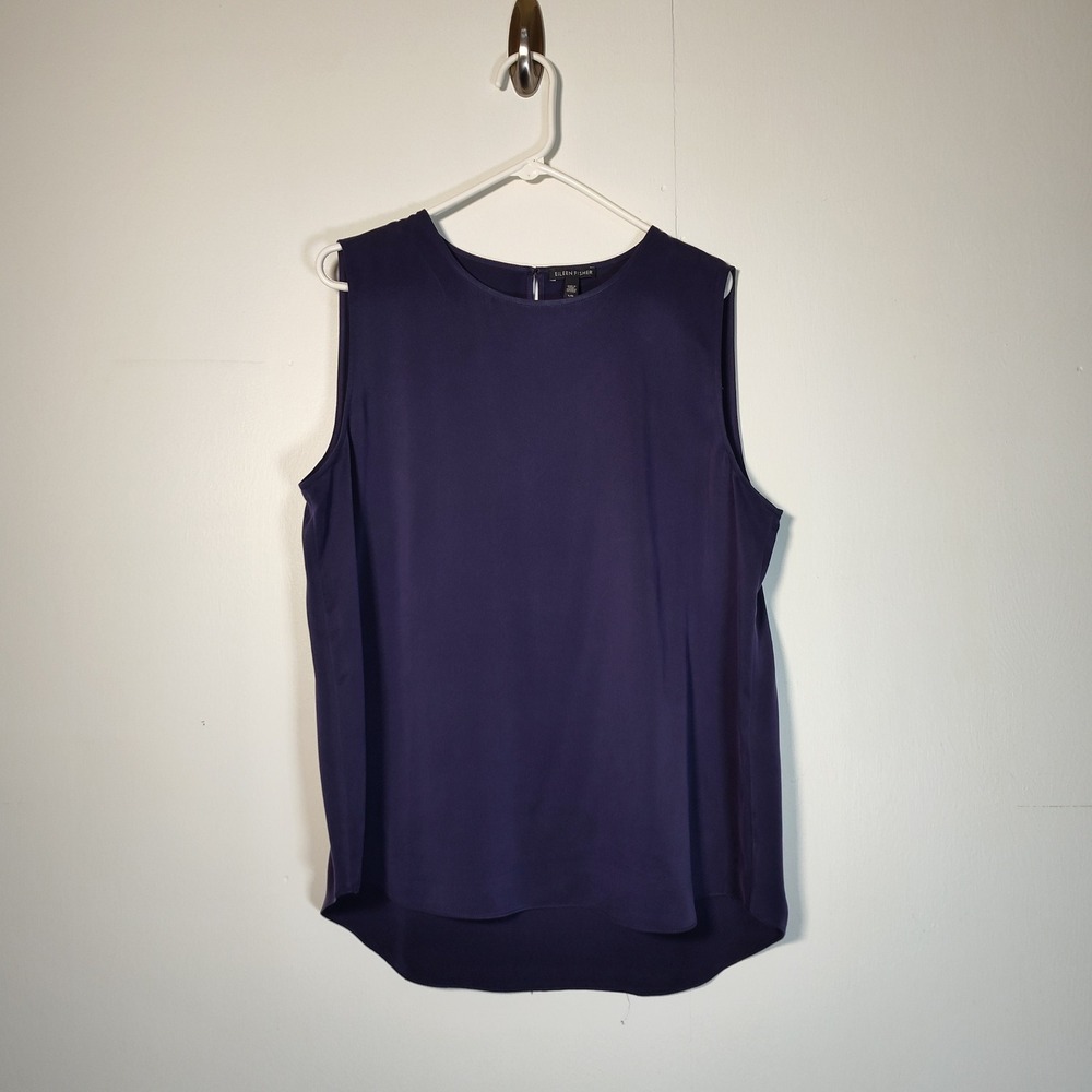 Eileen Fisher Blue Purple 100% Silk Sleeveless Blouse Keyhole High-Low Large